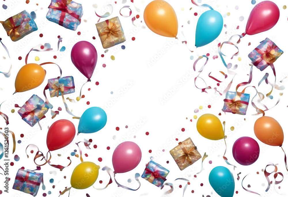 fun holiday item symbol streamers confetti surprise space box candle birthday ribbon balloon present border colorful blue celebration background bacground copy hats anniversary gift top view party