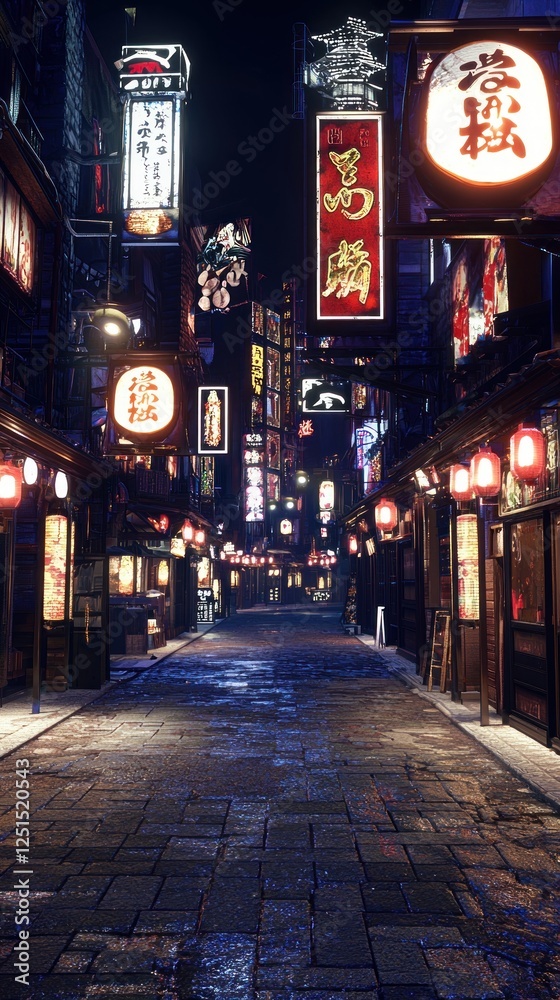 Obraz premium Night street in Asian city, illuminated by signs and lanterns, possible use for travel, backgrounds or advertisements