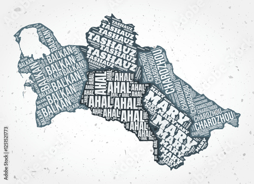 Turkmenistan regions word clouds. Country shape on textured background. Turkmenistan design in typographic style. Creative vector illustration.