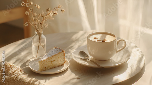 Cozy breakfast scene with coffee and cake in soft morning light. Elegant vase with dried flowers completes the setup.