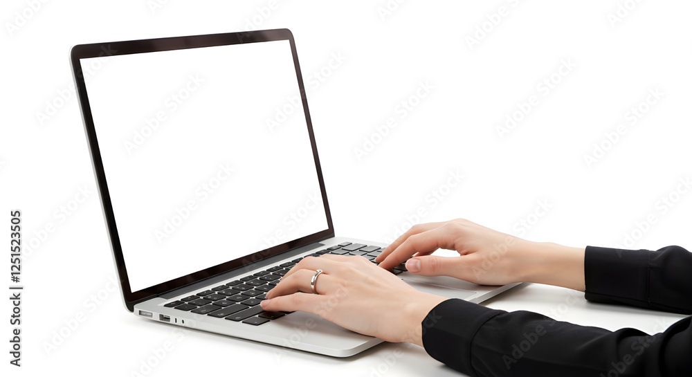 Modern Laptop with Blank Screen - Hands on Keyboard Modern Laptop with Blank Screen - Hands on Keyboard