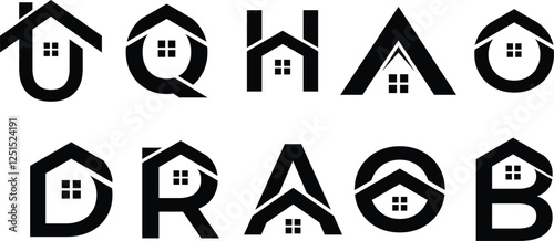 initial letter a, u, q, h, d, r, o, b home logo, initial letter real estate icon, vector