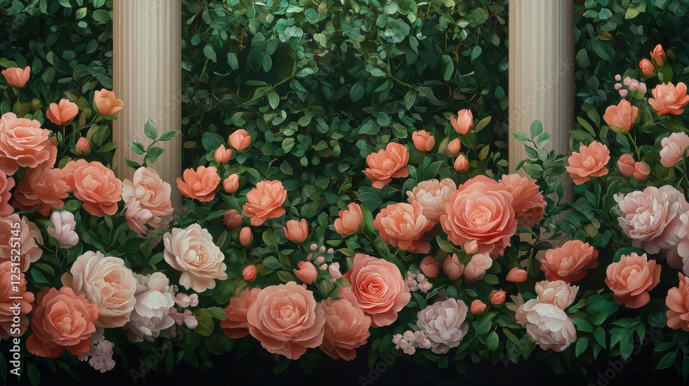 Vibrant Roses and Peonies Create a Rich Botanical Layered Backdrop for Design Elements