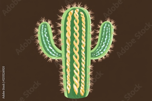 Stylized green cactus with yellow rope like accents illustration photo