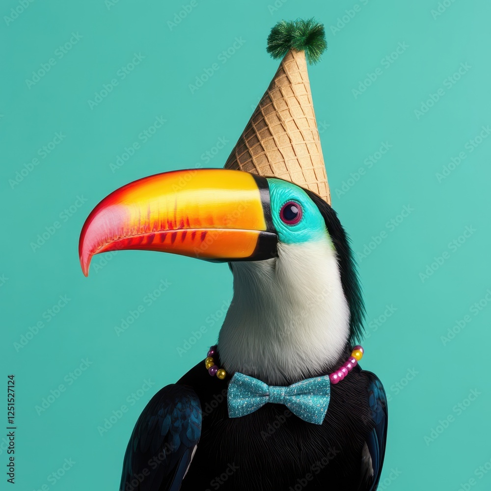 Obraz premium toucan with colorful beak wears party hat and bow tie against turquoise background, creating whimsical and festive scene