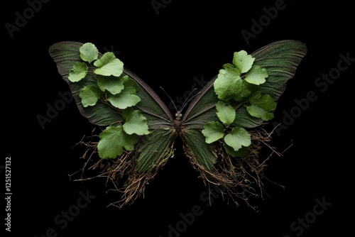 A butterfly with green leaves on its wings photo