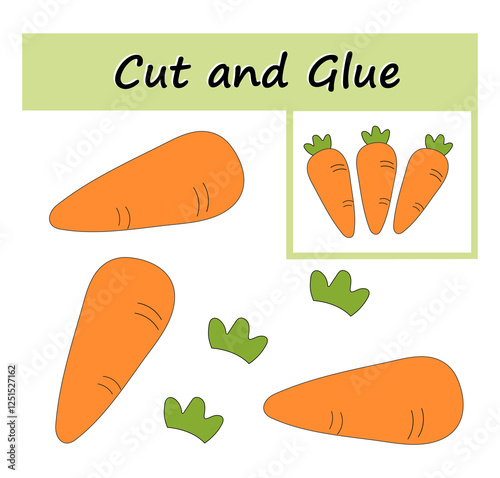 Cut parts of the image and glue on the paper. DIY worksheet. Cartoon carrot.