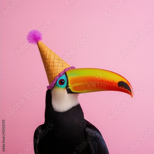 colorful toucan wearing festive party hat stands against pink background, showcasing its vibrant beak and playful demeanor photo