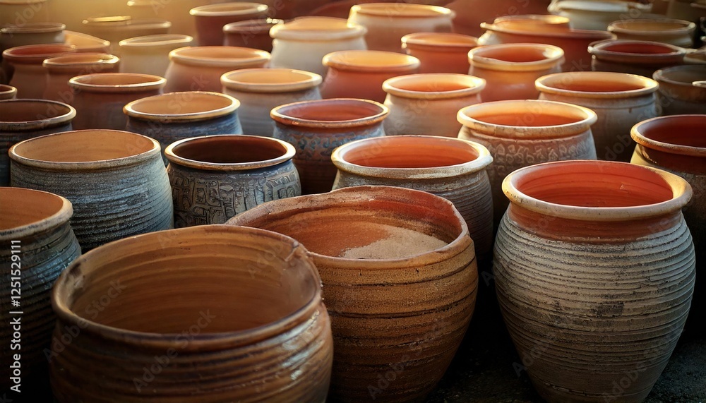 Artisan clay pots arranged in sunlight at a pottery market in the afternoon