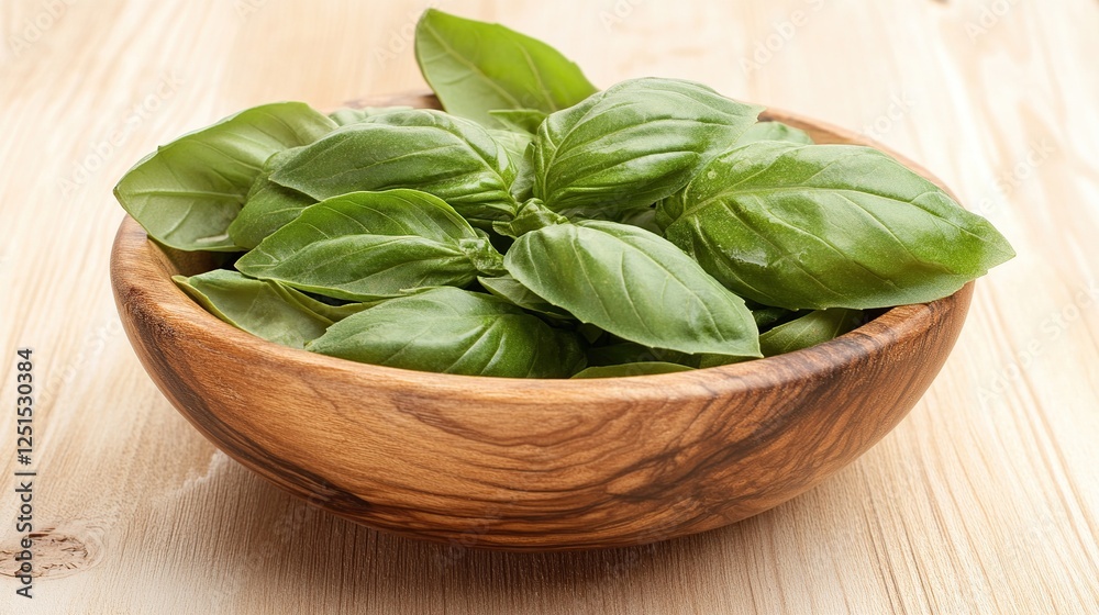 Fresh basil leaves in wooden bowl on wood table Fresh basil leaves in wooden bowl on wood table