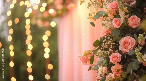 Whimsical Floral Arch for Wedding Celebration with Soft Lighting and Romantic Ambiance
