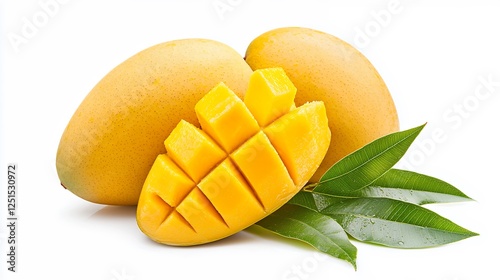 Ripe Yellow Mangoes And Green Leaves On White Background