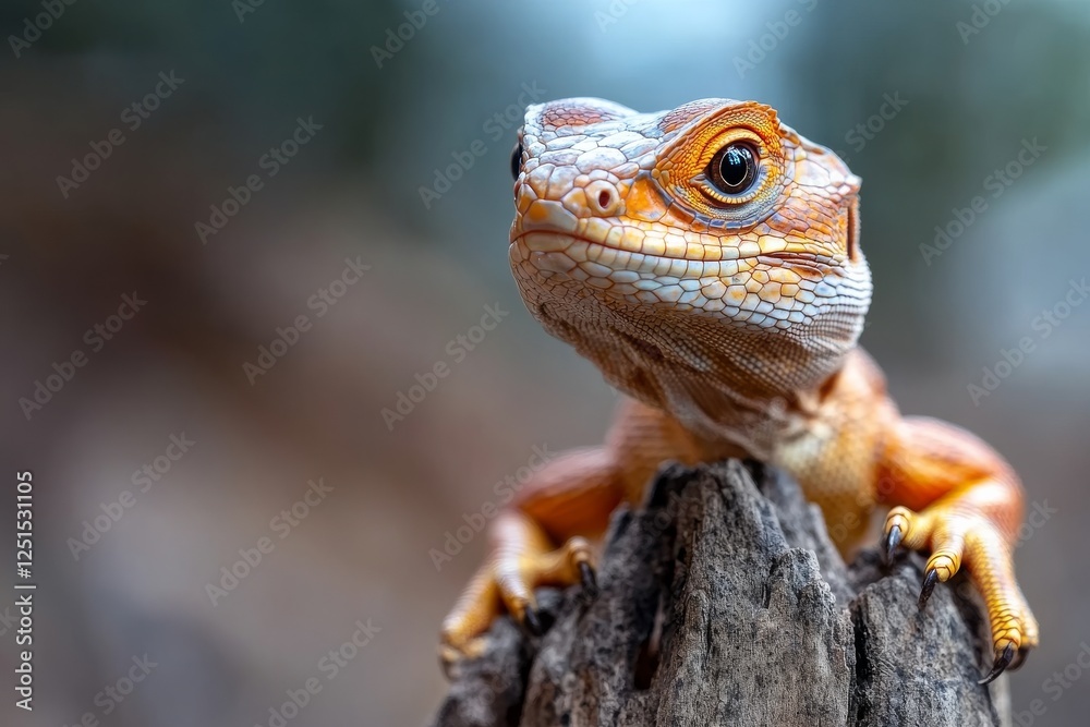Obraz premium Colorful lizard resting on a wooden stump in a natural setting during daylight