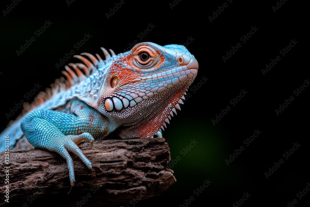 Obraz premium Colorful lizard resting on a branch with intricate patterns in a natural habitat under soft light