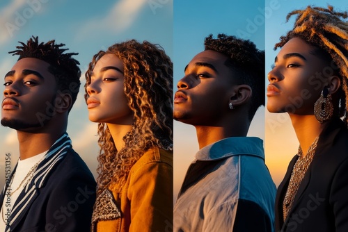 Portraits of four stylish young adults against a vibrant sunset sky showcasing individual fashion and expressions photo