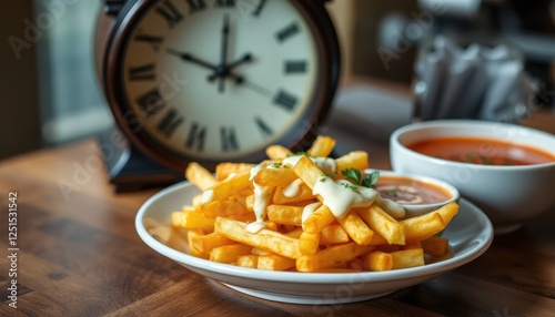 Plate of olden-brown French fries drizzled with garlic aioli, sitting next to bowl of tomato soup, captured from above, with cafes vintage clock ticking in background photo