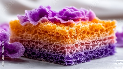 Vibrant Multi-Colored Sponge with Textured Layers Isolated on a White Background photo