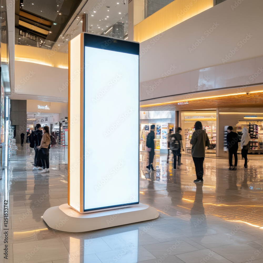 Large blank digital advertising screen in a modern shopping mall with people walking around, bright lighting, and luxury retail stores in the background Large blank digital advertising screen in a modern shopping mall with people walking around, bright lighting, and luxury retail stores in the background