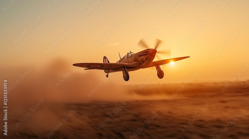 Warplane in Solitude Above Dusty Wasteland at Dusk Warplane in Solitude Above Dusty Wasteland at Dusk