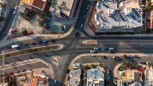 Aerial view of urban intersection.