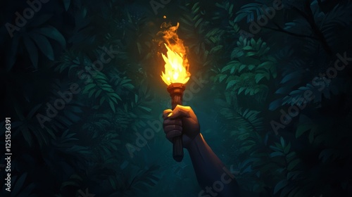 Fototapeta Naklejka Na Ścianę i Meble -  Hand holding a torch illuminates a dark jungle