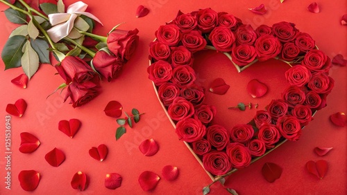 Heart Shaped Arrangement of Red Roses on Red Background Love and Romance Concept