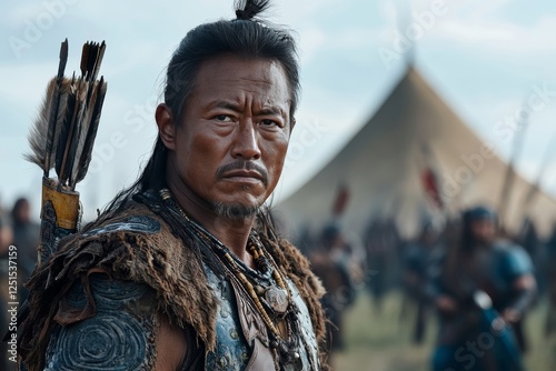 Portrait of a warrior in traditional attire with arrows and camp in background during a historical reenactment photo