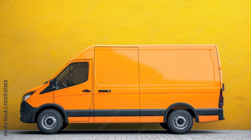 Orange delivery van against yellow wall. Possible use stock photo for commercial vehicles Orange delivery van against yellow wall. Possible use stock photo for commercial vehicles