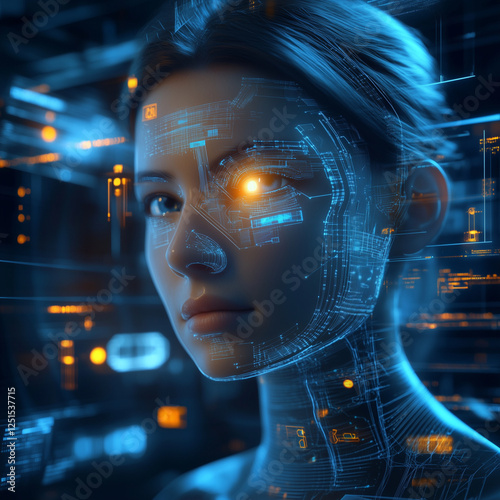 Futuristic digital woman with glowing cybernetic face overlay, representing artificial intelligence, machine learning, and human-technology integration in a high-tech world.

