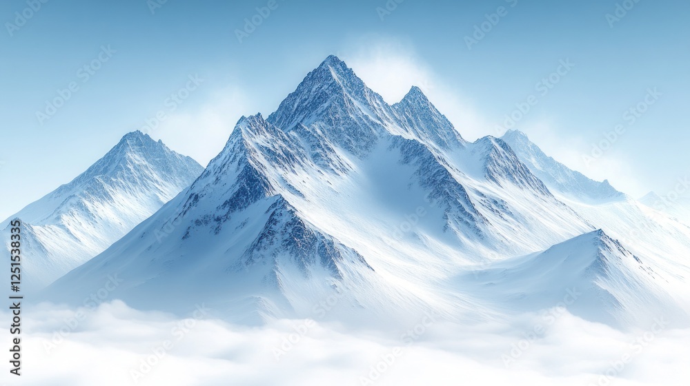 Obraz premium Snowy mountain peaks above clouds, winter landscape, serene