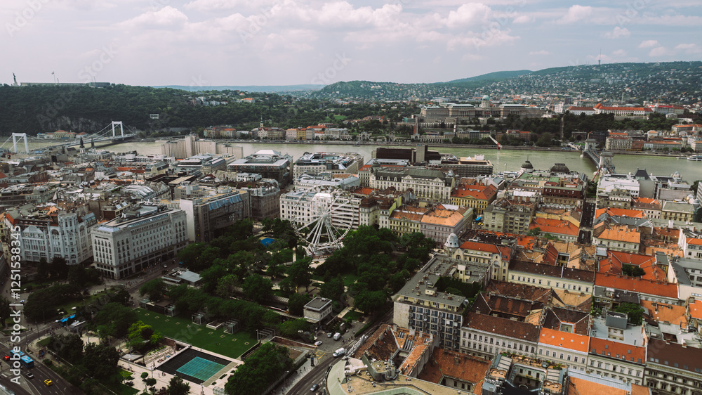Fototapeta premium Establishing Aerial view of Budapest Cityscape - Hungary Capital Skyline at daytime