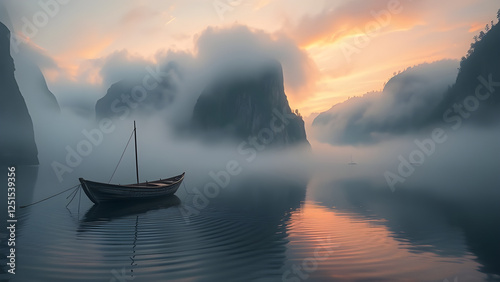 Tranquil River Amid Foggy Cliffs at Sunrise photo