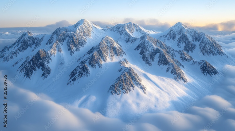 Fototapeta premium Snowy mountain range sunrise, aerial view, cloudscape, travel poster