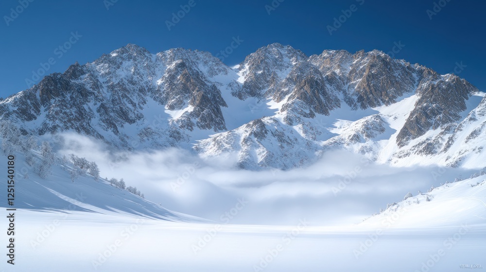 Obraz premium Snowy mountain range, valley fog, winter landscape, travel poster