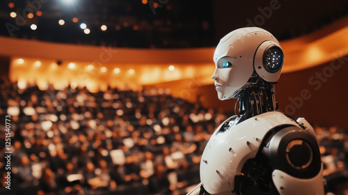 Futuristic white robot stands in auditorium, observing attentive audience during advanced ai technology conference