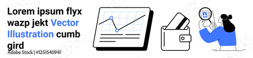 Chart with growth trend line, wallet with cards, person analyzing ID with magnifying glass, dummy text. Ideal for data analysis, finance, security, identity verification, online services e-commerce