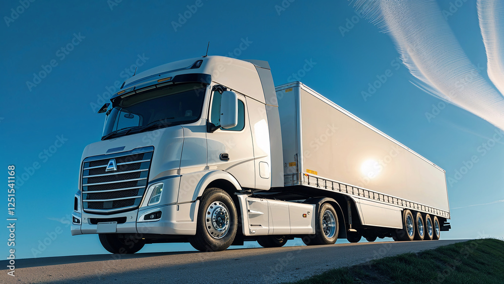 White semi truck moving on country road at sunset with blue sky White semi truck moving on country road at sunset with blue sky