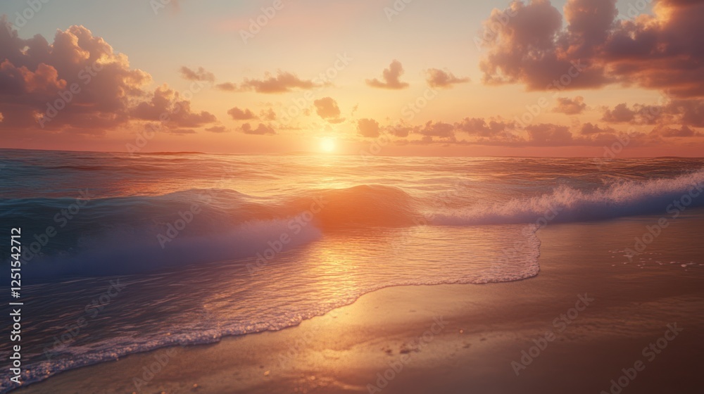 Fototapeta premium Golden Hour Serenity: Ocean Waves Kissing Sandy Shore Under a Twilight Sky