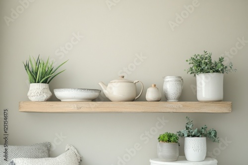 Rustic shelf display featuring ceramic teapot and greenery in a cozy interior setting