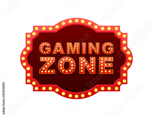 Illuminated gaming zone sign with glowing light bulbs is inviting players
