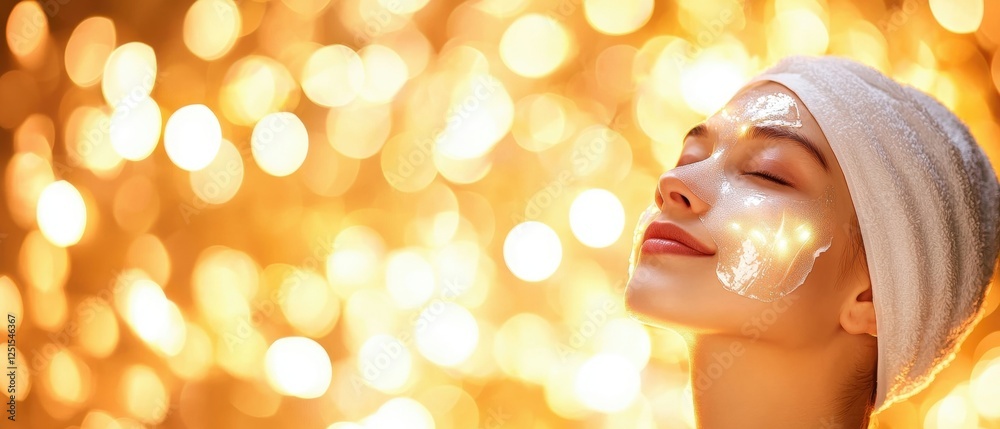 Fototapeta premium A serene woman enjoys a facial treatment, glowing against a warm, illuminated backdrop, emphasizing relaxation and self-care.