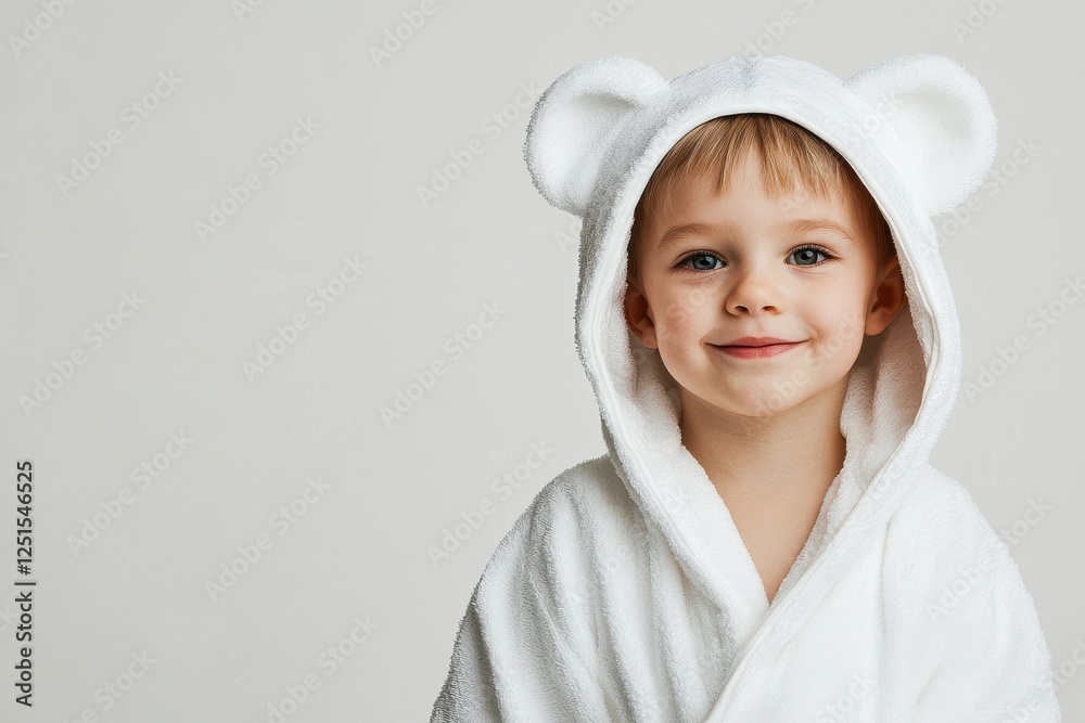Smiling child in a bear hooded bathrobe posing in a light studio setting with a cheerful expression Smiling child in a bear hooded bathrobe posing in a light studio setting with a cheerful expression