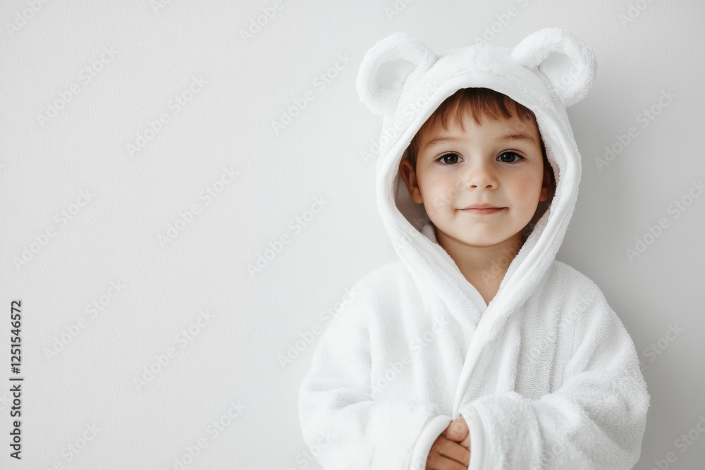 Child dressed in a white bear-themed bathrobe smiles warmly in a bright, minimalist setting Child dressed in a white bear-themed bathrobe smiles warmly in a bright, minimalist setting