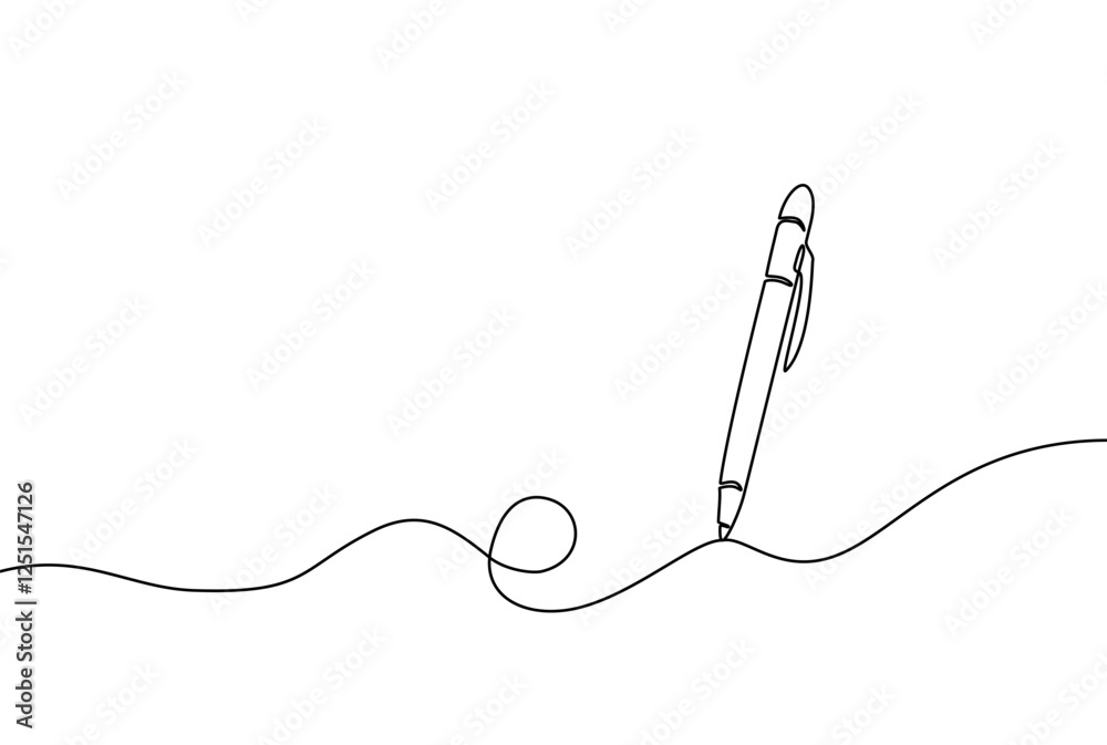 Obraz premium Minimalist one-line drawing of a pen writing a fluid isolated on white, continuous stroke. Perfect for creative, artistic, or educational concepts. Simple design. Vector illustration, Editable stroke