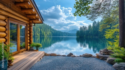 Fototapeta Naklejka Na Ścianę i Meble -  Lakeside log cabin deck, tranquil mountain lake view, summer vacation rental