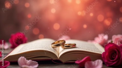 Two wedding rings on an open book, copy space