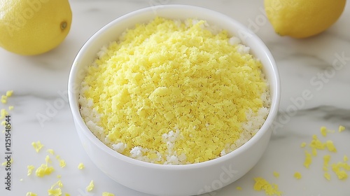 Zesty lemon zest and curd mix in bowl, marble background, baking recipe photo