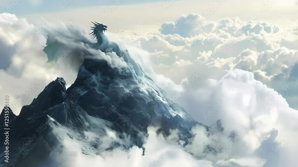Ancient dragon silhouette on mountain peak against dramatic sepia sunset clouds. Fantasy art for Halloween, Game Day, Chinese New Year