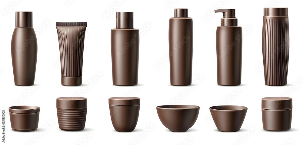 custom made wallpaper toronto digitalSet of brown cosmetic spa bottles bowls jars isolated on white background, mockup templates.