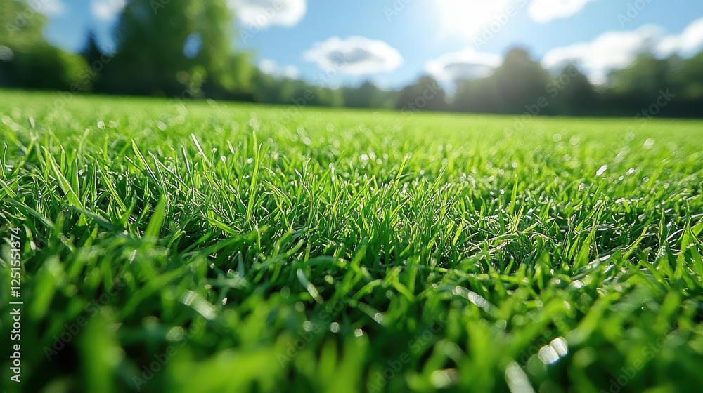 Fototapeta premium Lush green grass under bright blue sky with fluffy clouds, creating serene outdoor atmosphere